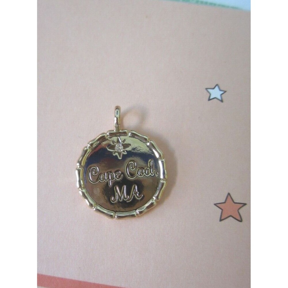 LILLY PULITZER GOLD TONE METAL CHARM  PRINTED  CAPE COD, MA,  1 1/2" ROUND